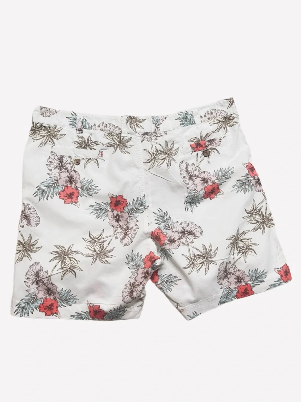 VINTAGE 1946 ~ White Tropical Print Cotton Bermuda Shorts w/Red Green Accents